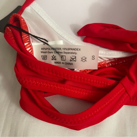 Red swimwear top leopard print bikini bottom two piece set - Picture 10 of 11